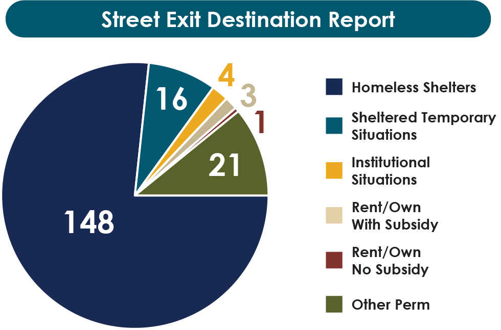 Street Exist Destination Report, Homeless Shelters is 88, Sheltered Temporary Situations is 12, Institutional Situations is 3, Rent/Own With Subsidy is 2, Rent/Own No Subsidy is 1, Other Permanent is 11